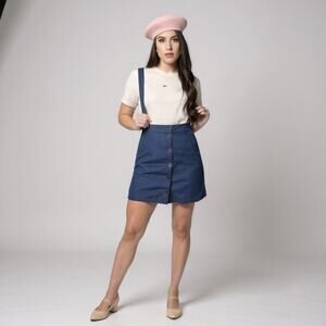 Unique New Unique Vintage Denim Button Suspender Skirt Scallop 1X #293